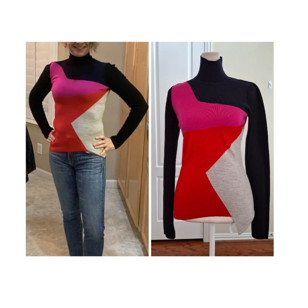Diane von Furstenberg Colorblock Turtleneck Knit Sweater Women XS Fit Asymmetric